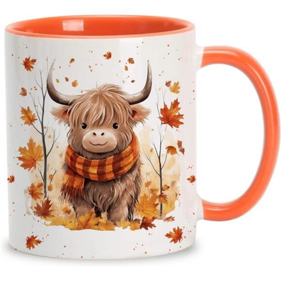 Hyturtle Fall Highland Cow Maple Leaves Coffee Mug - Birthday Gifts For Cow - Picture 1 of 7
